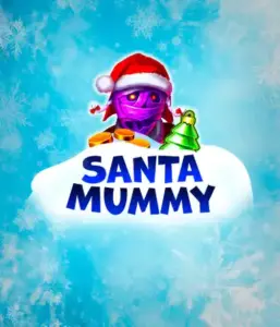  Discover the quirky "Santa Mummy" slot game by Belatra, featuring a mummified Santa dressed in festive holiday attire. This vibrant image captures the mummy with a bright purple hue, wearing a Santa hat, against a backdrop of snowy blue and icy snowflakes. The game's title, "Santa Mummy," is prominently displayed in large, frost-like blue letters.