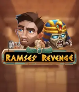 Explore the thrilling world of the Ramses' Revenge game by Relax Gaming, showcasing a frightened explorer and a fierce mummy against an Egyptian tomb backdrop. This graphic depicts the drama of ancient Egyptian myths, great for adventure seekers, providing a gripping adventure. 